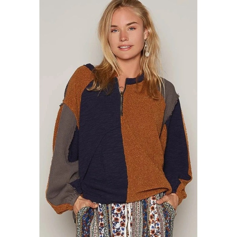 POL Color Block Half Zip Dropped Shoulder Sweatshirt Terracotta Small